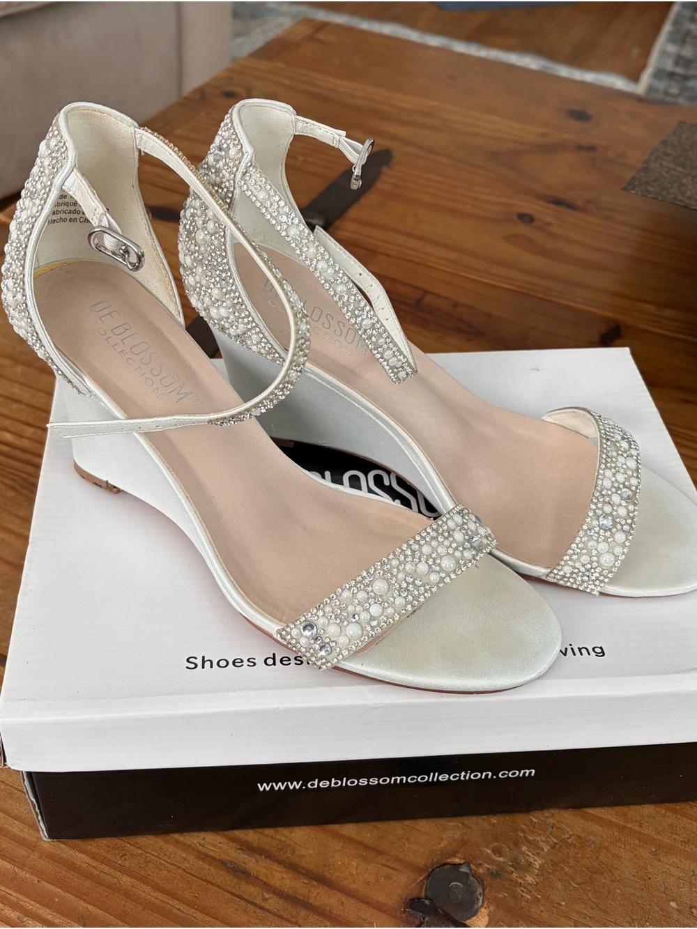 De Blossom Collection Ivory Pearl & Crystal Embellished Wedge Sandals